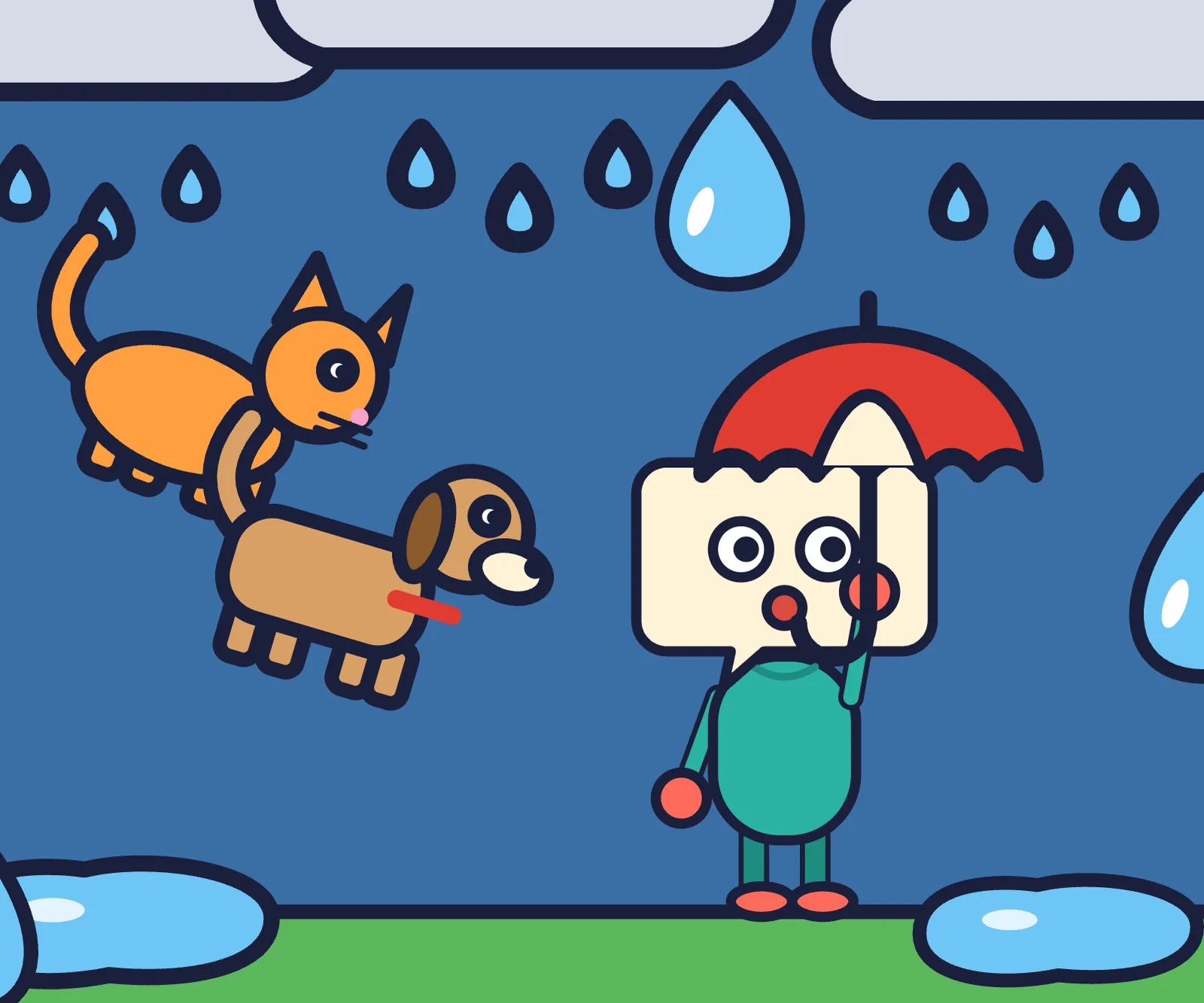 A CatchFraze cartoon for raining cats and dogs: Mr Frazer holds an umbrella as a cat and a dog fall from the clouds