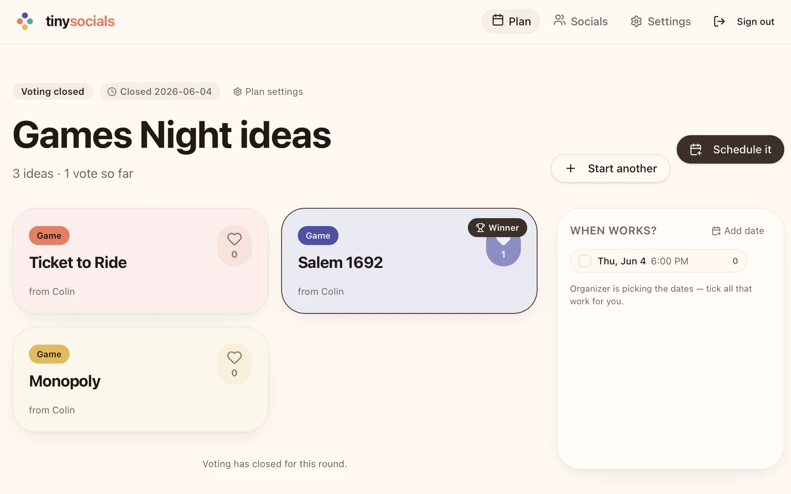 Screenshot of a Tiny Socials plan with three game ideas and a vote