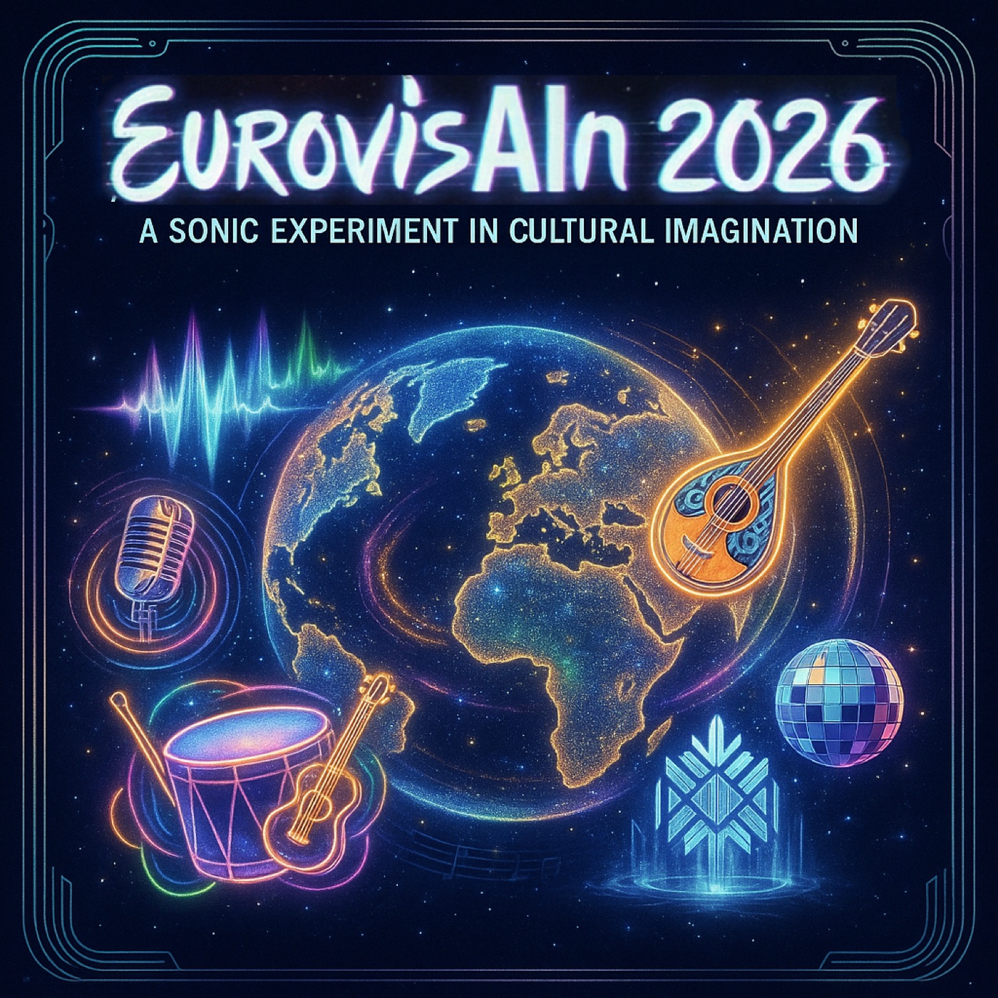 EurovisAIn 2026 album cover: a glowing globe surrounded by neon instruments and the words 'EurovisAIn 2026'.