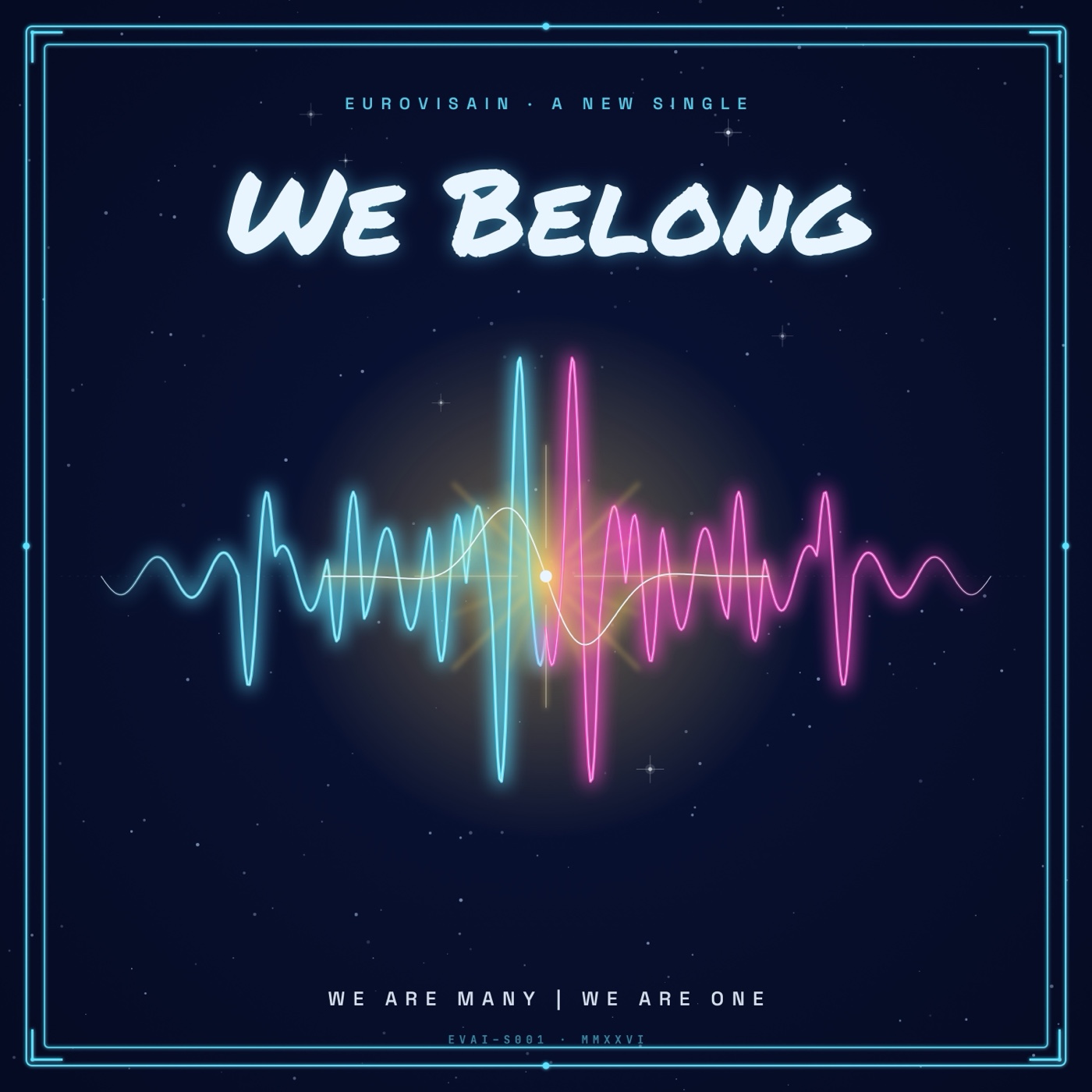 'We Belong' single cover: a cyan-and-magenta audio waveform meeting at a glowing centre point.